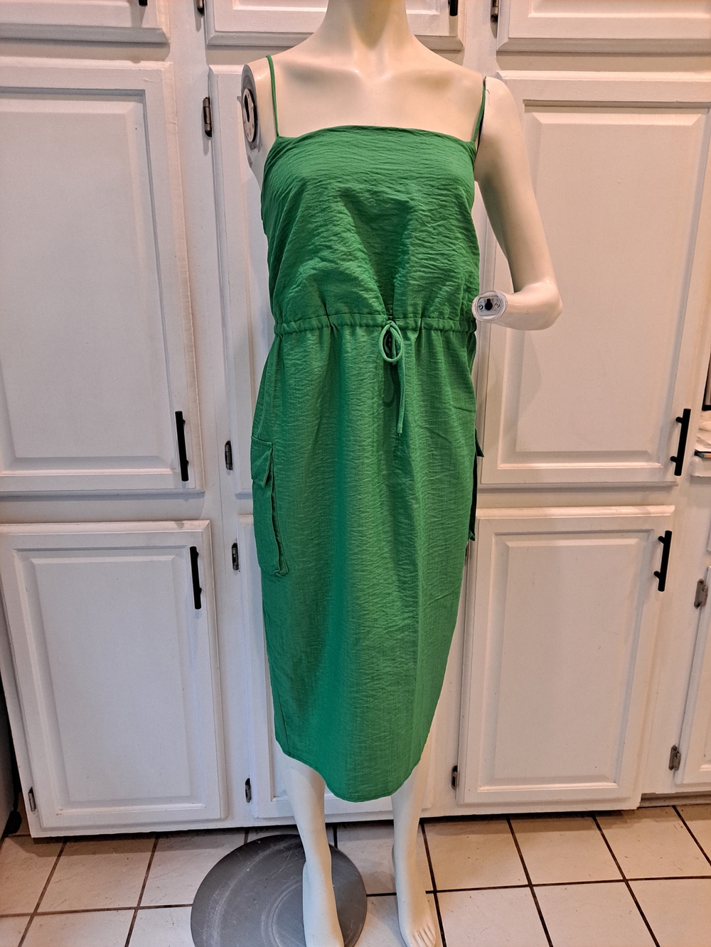 Lumiere Green Midi Dress w/Drawstring Waist Adjustable Straps Pockets Lined Soft